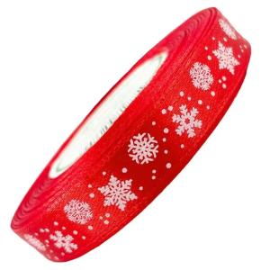 Tasiemka SATYNOWA czerwona w śnieżynki 12mm x 23m