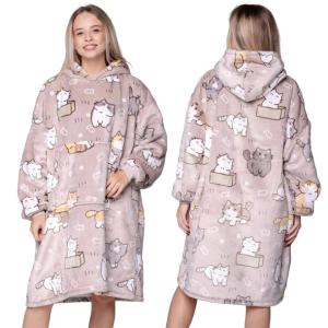 KOC BLUZA Oversize Gruba KOCOBLUZA 2w1 XXL Wzór KOTKI Futrzak z Kapturem