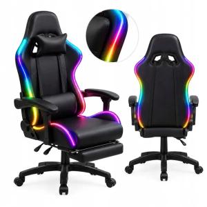 Fotel Gamingowy Obrotowy LED RGB Masaż Podnóżek Pilot Czarny Dla Gracza