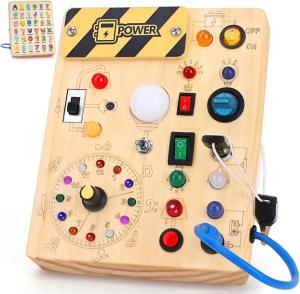 DREWNIANA ZABAWKA MONTESSORI SENSORYCZNA DLA DZIECI PRZEŁĄCZNIKI DIODY LED