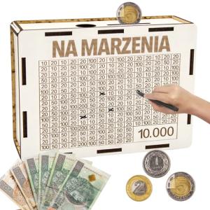 SKARBONKA WYKREŚLANA PREZENT CEL 10000 PERSONALIZACJA BIAŁA NA MARZENIA