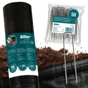 Zestaw gruba agrotkanina antychwastowa Sillar 90g/m2 1x50m + Kotwy 50x stal