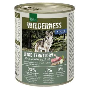 REAL NATURE WILDERNESS karma mokra pies, adult, Wide Territory, zając polny z dziką kaczką i pstrągiem 6x800 g