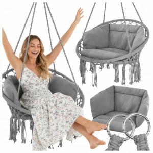 HUŚTAWKA BOCIANIE GNIAZDO Z PODUSZKĄ XXL ZESTAW OGRODOWY SZARY BOHO 120CM