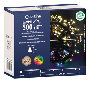 Lampki zewnętrzne 500 LED ciepły biały i multikolor na transformator Cortina