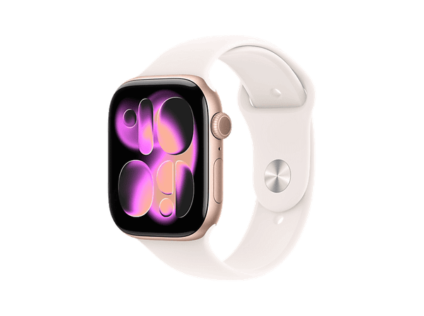 Smartwatch APPLE Watch Series 11 GPS, koperta 42mm z aluminium w kolorze różowego złota, pasek sportowy łagodnego różu - rozmiar S/M MEU04MP/A