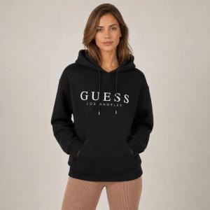 Guess bluza damska czarna z kapturem i printem, wkładana przez głowę, bawełniana rozmiar XL | Idealne na jesień!