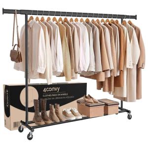 4CONVY Wieszak na ubrania na Kółkach Stojak Metalowy Czarny Rozsuwany Duży