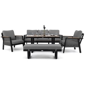 Zestaw mebli ogrodowych z aluminium PROVENCE | Czarne + imitacja drewna | Szare poduszki
