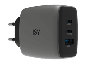 Ładowarka ISY IAC-7065 65W 2x USB-C 1x USB-A PD GaN Szary