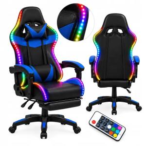 Fotel Gamingowy Obrotowy LED RGB Obrotowy Masaż Podnóżek Czarno-Niebieski