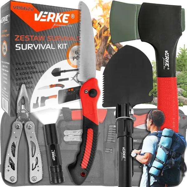 ZESTAW SURVIVALOWY PRZETRWANIA PIŁA MULTITOOL SIEKIERA SAPERKA LATARKA