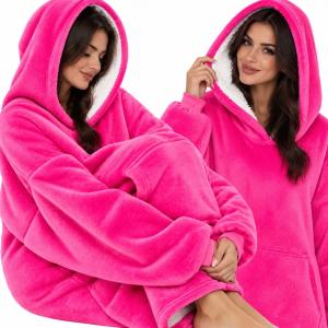 DUŻA KOCOBLUZA OVERSIZE GRUBA MIĘKKA KOC BLUZA Z KAPTUREM SZLAFROK RÓŻ UNI