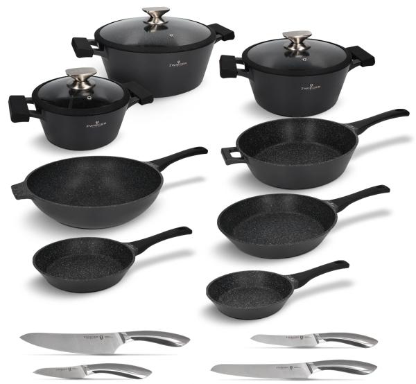 Zestaw garnków, patelni i noży 15 el. Black Stone Zwieger