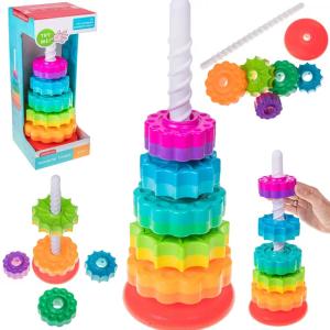 ZAKRĘCONA PIRAMIDA WIEŻA TĘCZOWA ZABAWKA SENSORYCZNA EDUKACYJNA SORTER 41CM