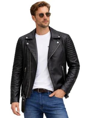 J.STYLE - KURTKA SKÓRZANA MĘSKA czarna przejściowa wiosenna ramoneska biker