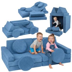 Sofa modułowa dla dzieci piankowa klocki niebieski sztruks Velinda 140x75