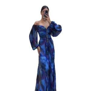 ELEGANCKA DŁUGA SUKIENKA MAXI SUKNIA WESELE OZDOBY NIEBIESKA MODNA KOBIECA
