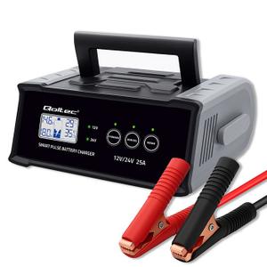 Qoltec Mikroprocesorowa ładowarka 12V 24V 25A | Prostownik z funkcją naprawy do akumulatora AGM GEL SLA | LCD
