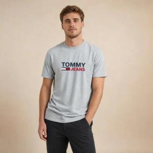 Tommy Jeans koszulka męska szary melanż t-shirt z logo i nadrukiem z przodu rozmiar L | Idealne na lato!