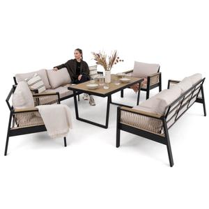 Zestaw mebli ogrodowych z aluminium SYCYLIA DUO | Czarny + imitacja drewna | Beżowe poduszki