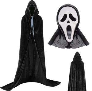 KOSTIUM STRÓJ HALLOWEEN ŚMIERĆ CZARNA PELERYNA PŁASZCZ WELUR+MASKA KRZYK L