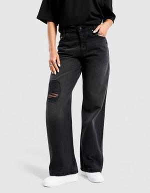 Hoodrich Spodnie Wide Leg Jeans Script Applique