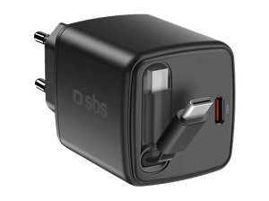 Ładowarka sieciowa SBS 30W USB-C GaN ze zwijanym kablem Czarny