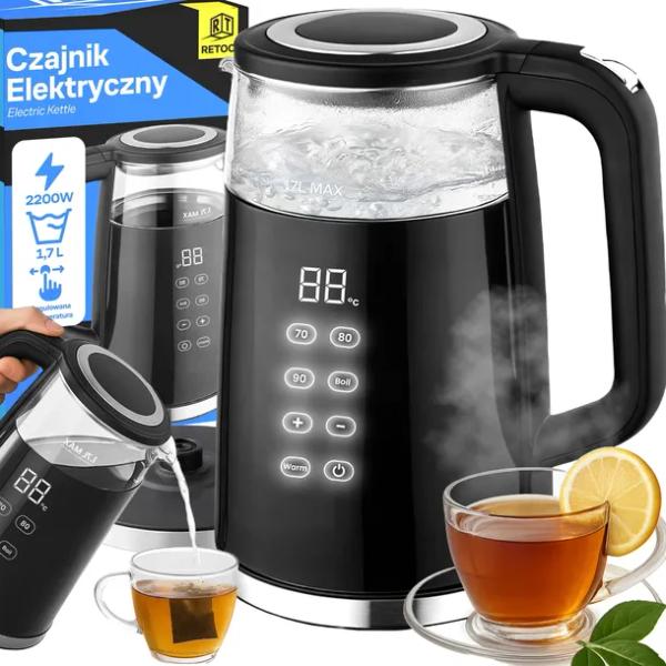 CZAJNIK ELEKTRYCZNY BEZPRZEWODOWY 1,7L 2200W SZKLANY REGULACJA TEMPERATURY