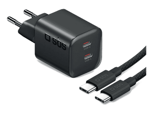 Ładowarka sieciowa SBS GaN Dual USB-C PD 3.0 UFCS 100W + kabel 2m Czarny