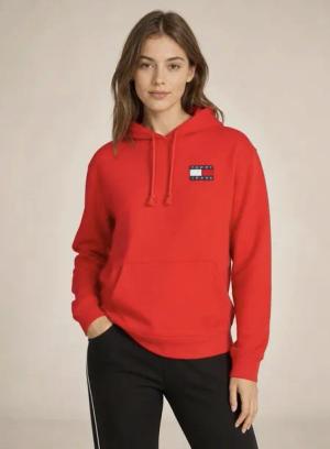 Tommy Jeans Bluza damska czerwona z kapturem, haftowane logo i długi rękaw rozmiar S | Idealne na jesień!
