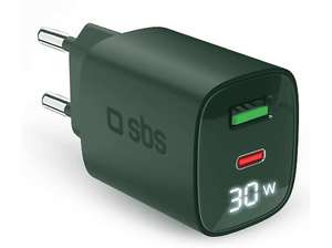 Ładowarka sieciowa SBS 30W USB-A USB-C Gan LED Zielony