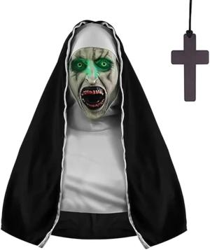 Świecąca Maska Zakonnica Valak Nun Horror Kostium Halloween LED Walak Strój