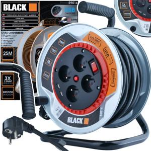 PRZEDŁUŻACZ BĘBNOWY METALOWY 25M 4 GNIAZDA + 2x USB GRUBY KABEL BLACK