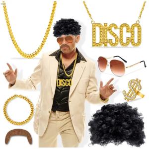 PRZEBRANIE DISCO KOSTIUM RETRO LATA 70 80 90 STRÓJ PERUKA WĄSY OKULARY 7 EL