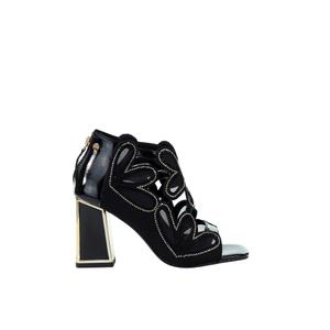 Damskie skórzane czarne sandały peep toe z ozdobnym obcasem TT2N4219