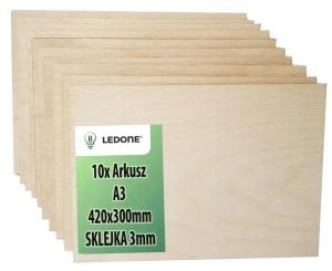 Sklejka 3mm do lasera klasa 1/2 formatka a3 dekor drewno decoupage x10szt