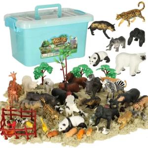 ZESTAW FIGUREK GUMOWYCH ZWIERZĘTA ZOO SAFARI FARMA AKCESORIA SKRZYNKA 59EL.