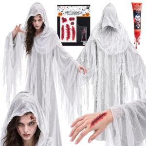 Strój DUCH BIAŁA DAMA UPIÓR Halloween SZATA RANY SZTUCZNA KREW Kostium L