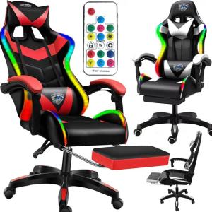 Fotel LED z MASAŻEM pleców GAMINGOWY komputerowy OBROTOWY gracza +PODNÓŻEK!