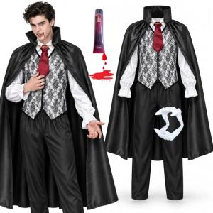 Strój ELEGANCKI DRACULA WAMPIR Halloween KŁY SZTUCZNA KREW Kostium M