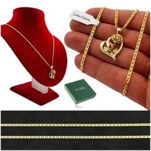 ELEGANCKI ZŁOTY NASZYJNIK 925/585 DUŻE SERCE Z RÓŻĄ DLA KOBIETY + GRATISY