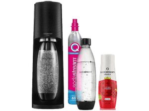 Saturator SODASTREAM Terra Black + nabój CO2 2 butelki Fuse 1L syrop malinowy 440ml Czarny