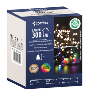 Lampki zewnętrzne 300 LED ciepły biały i multikolor na transformator Cortina