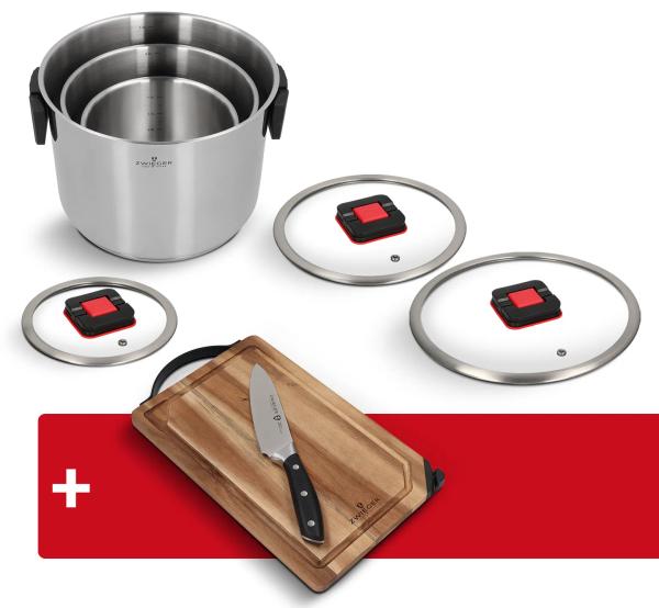 Zestaw garnków 6 el. Kompact Zwieger + deska z nożem i ostrzałką Optima