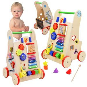 DREWNIANY CHODZIK PCHACZ EDUKACYJNY TABLICA MANIPULACYJNA DLA DZIECI 6W1