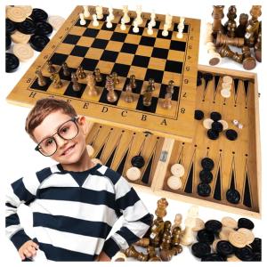 Zestaw Gra Szachy Warcaby Backgammon 3W1 Drewniane Klasyczne Duże Tryktrak