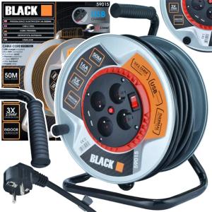 PRZEDŁUŻACZ BĘBEN METALOWY BĘBNOWY 50M 3x2,5 GRUBY BLACK