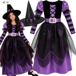 STRÓJ CZAROWNICY NA HALLOWEEN SUKIENKA WIEDŹMA WRÓŻKA Z KAPELUSZEM 152 158