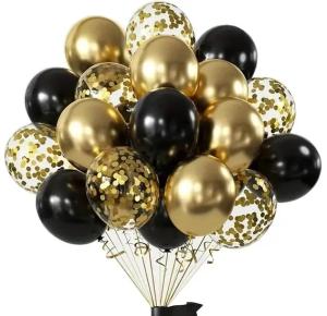 Balony CHROM czarne, złote konfetti na 18, 40, 50 URODZINY sylwester 30szt